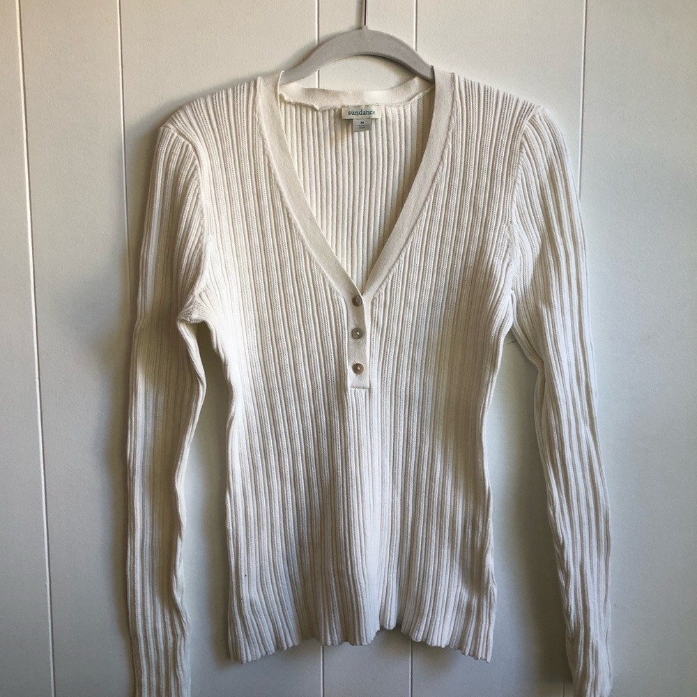 Sundance Averie Rib Knit Henley Sweater - Cream/Ivory - Size M